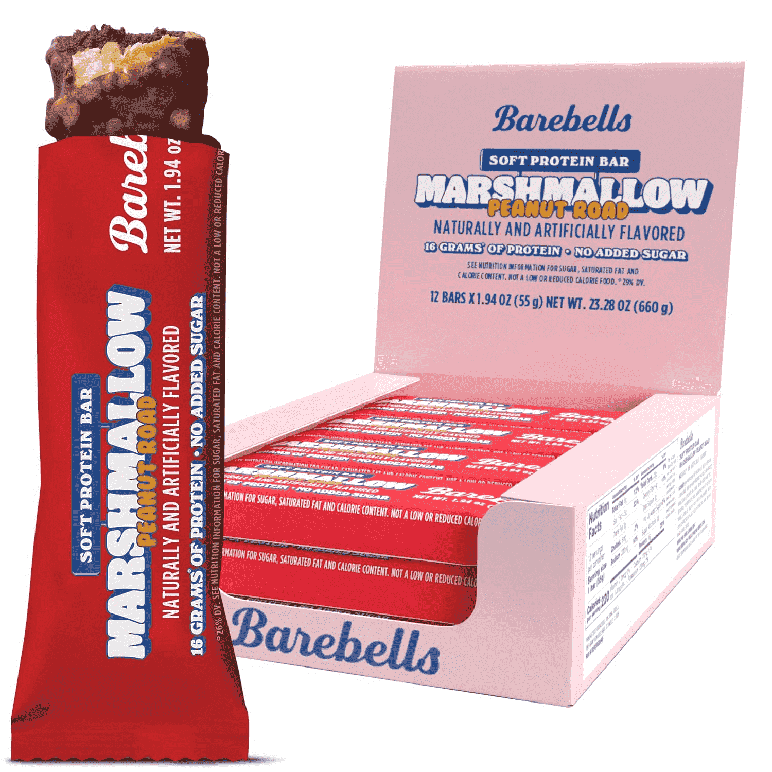 Barebells Soft Protein Bars Marshmallow Peanut Road - 12 Count, 1.9oz Bars - Nutritional Snacks with 16g of High Protein - Fluffy Chocolate Treat with 2g of Total Sugars - Breakfast Bars