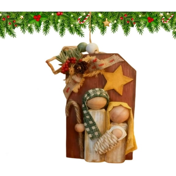 YOHAVEN Nativity Christmas Tree Ornaments Handmade Wooden Holy Family Joseph Mary Baby Jesus Hanging Decorations for Tree Mantel Wreath Religious Holiday Decor Indoor Seasonal Gifts