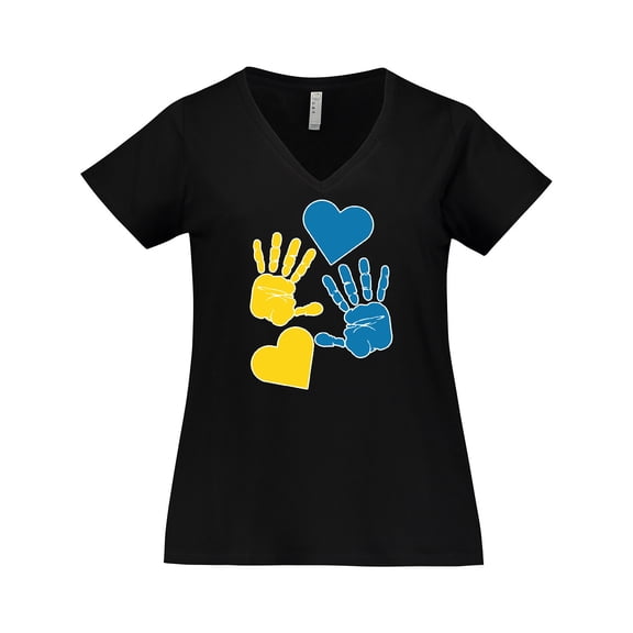 Inktastic Down Syndrome Awareness with Handprints and Hearts Blue and Yellow Women's Plus Size V-Neck T-Shirt
