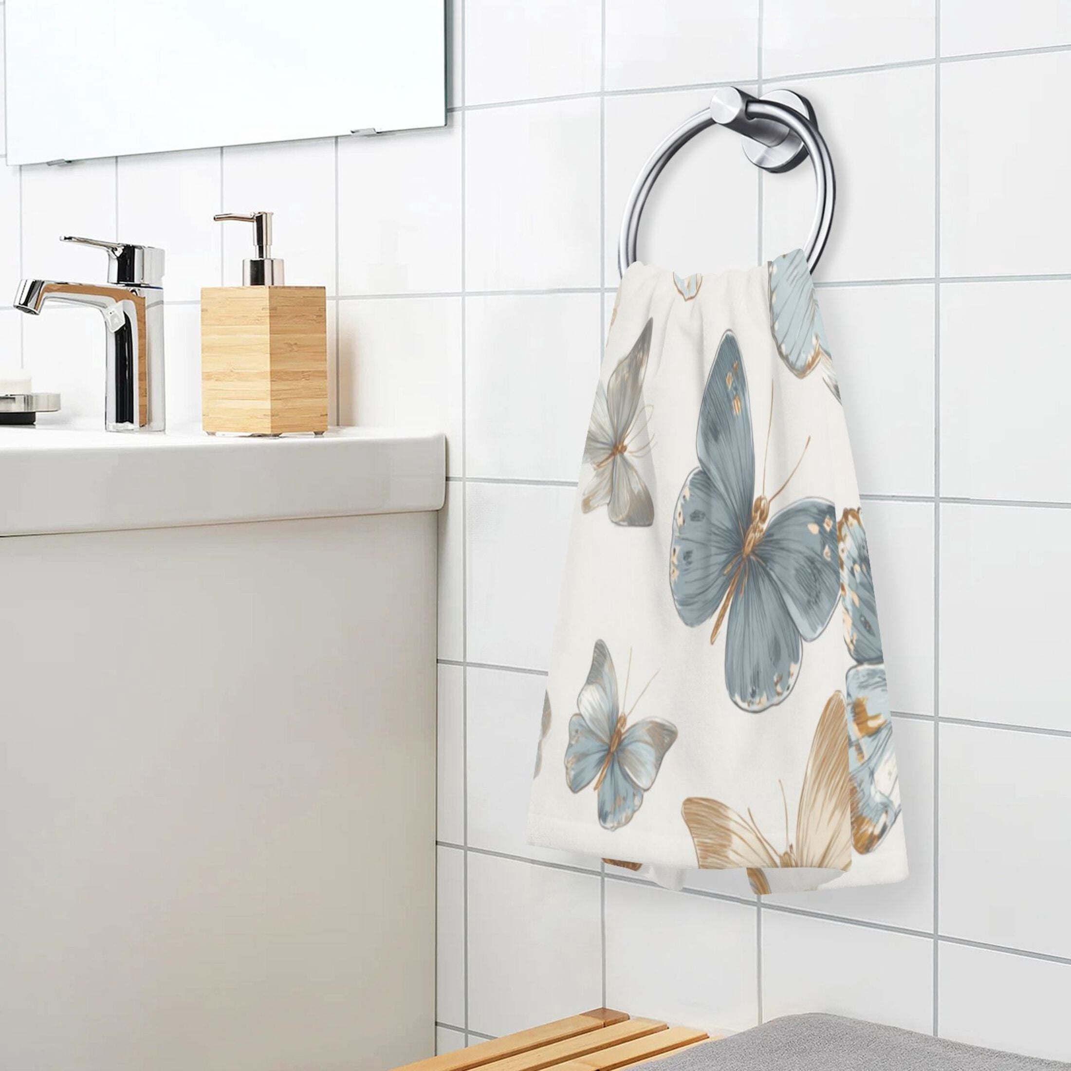 2 Pieces of Cotton Towel Face Towel Set Hand Towel Bath Towel Cotton Bath Towel Sets Blue Brown Cream Butterfly