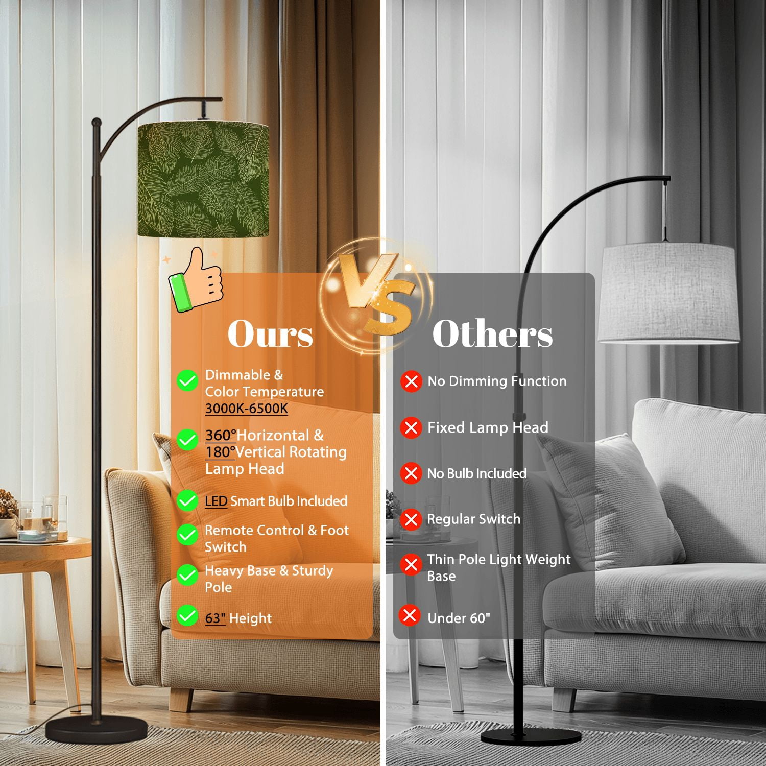 Arc Floor Lamp Luxury Nature green Floral Golden Tall Modern Standing Lamp LED Adjustable Linen Lampshade 3 Color Temperatures
