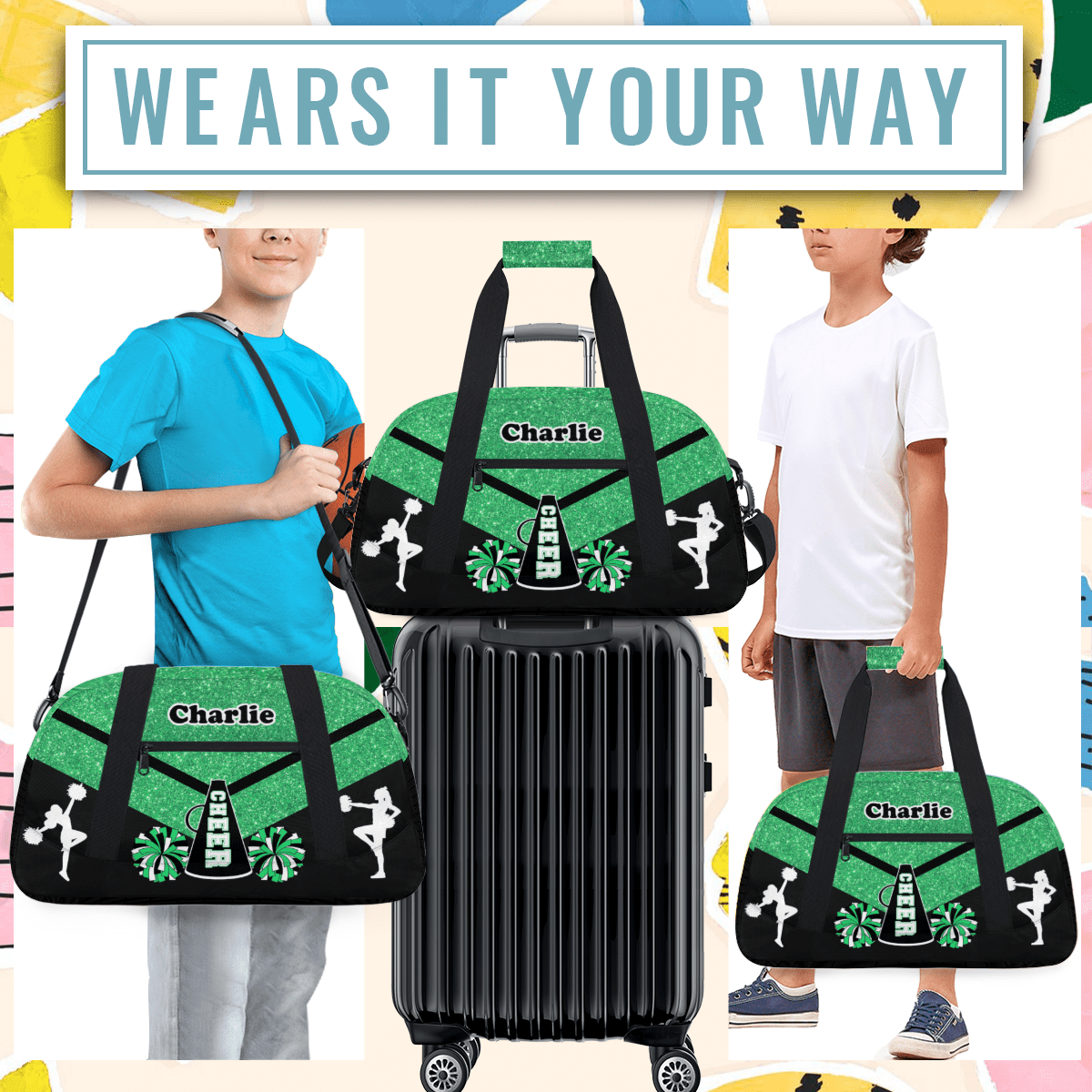 Herdesigns Personalized Cheer Duffel Bag Cheerleaders Gym Bags with Name, Custom Dance Perform Training Sport Bags for Overnight Weekender Travel Green