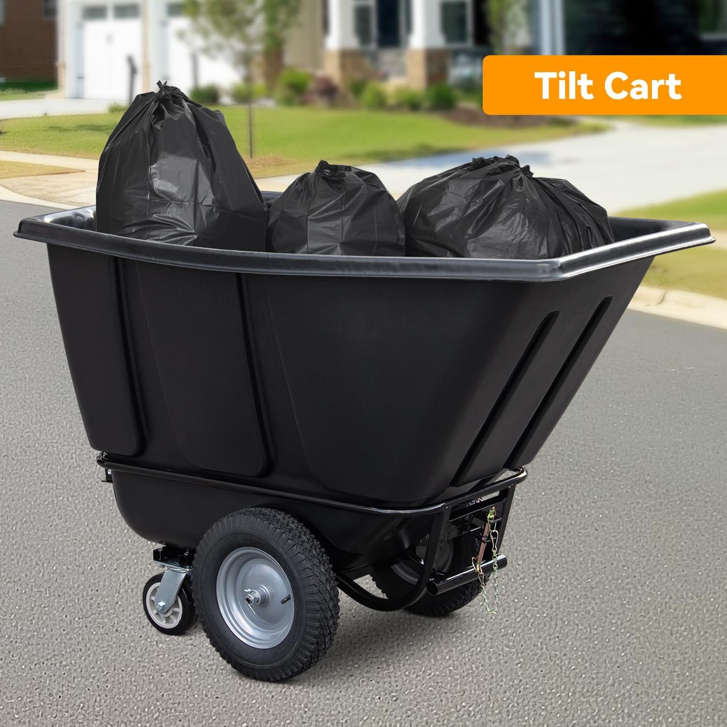 HPDMC 1/2 Cubic Yard Tilt Dump Truck, 1400 lbs Capacity Heavy Duty Trash Cart with 16" Pneumatic Wheels & 6" Swivel Casters, Industrial Garbage Recycling Cart for Construction & Warehouse, Black