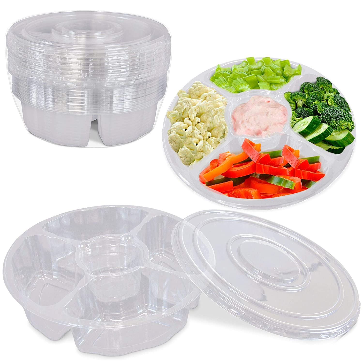 Pack] 10 Inch Round Plastic Appetizer Tray with Lid Compartment  Container, Food Serving Dip Platter, Disposable Clear PET Storage, Kids  Snack, Veggie Fruit Travel Organizer for Party and Buffet
