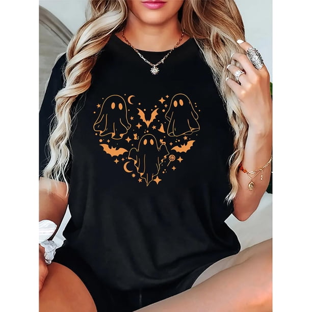 Camiseta De Mujer De Verano Suave Y Ligera Básica Para Llevar DeportesWomen's Casual & Bat Graphic Tee - Comfy Crew Neck Short Sleeve T-Shirt, Perfect for Halloween & SummerFather's Day, Mother's Da