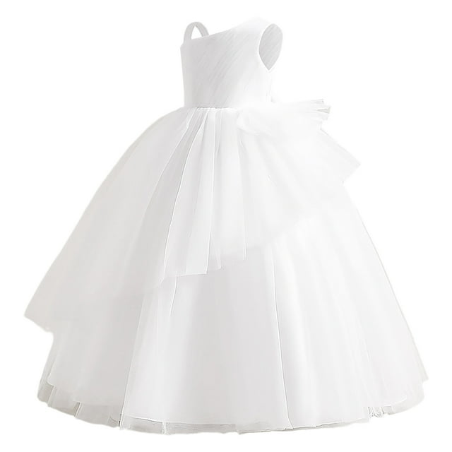 PMVFHDE Robes d'Été pour Filles 2025 Robe Sans Manches Performance Longue Robe à Pompons Fête, Blanc, 12-14 Ans