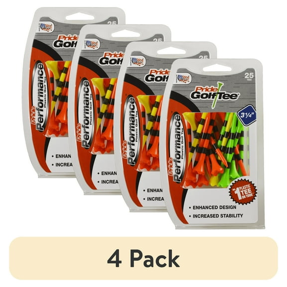(4 pack) PrideSports Pride Performance Plastic Golf Tees, 3-1/4" Length, Striped Fruit Mix, 25 Count, Low-Resistance Head for Golf, Longer Drives, Durable Plastic