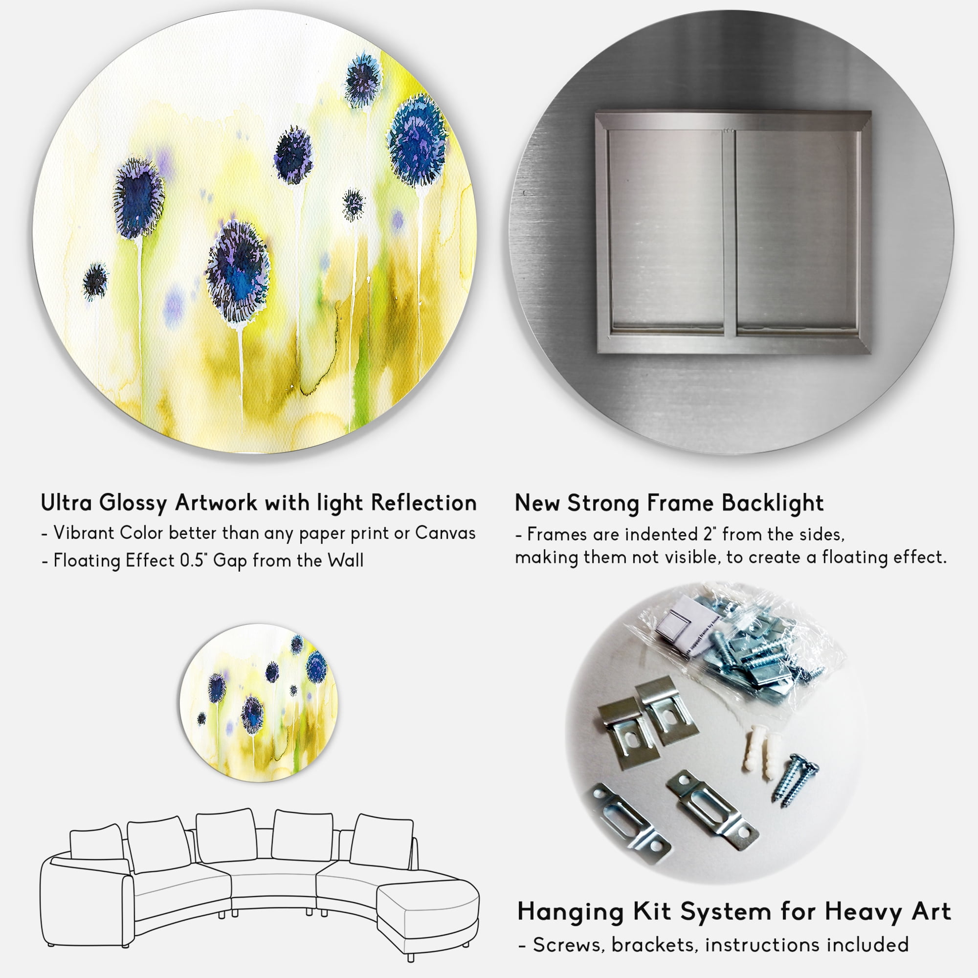 Designart 'Abstract Blue Flowers In The Meadow' Traditional Circle Metal Wall Art 36x36 - Disc of 36