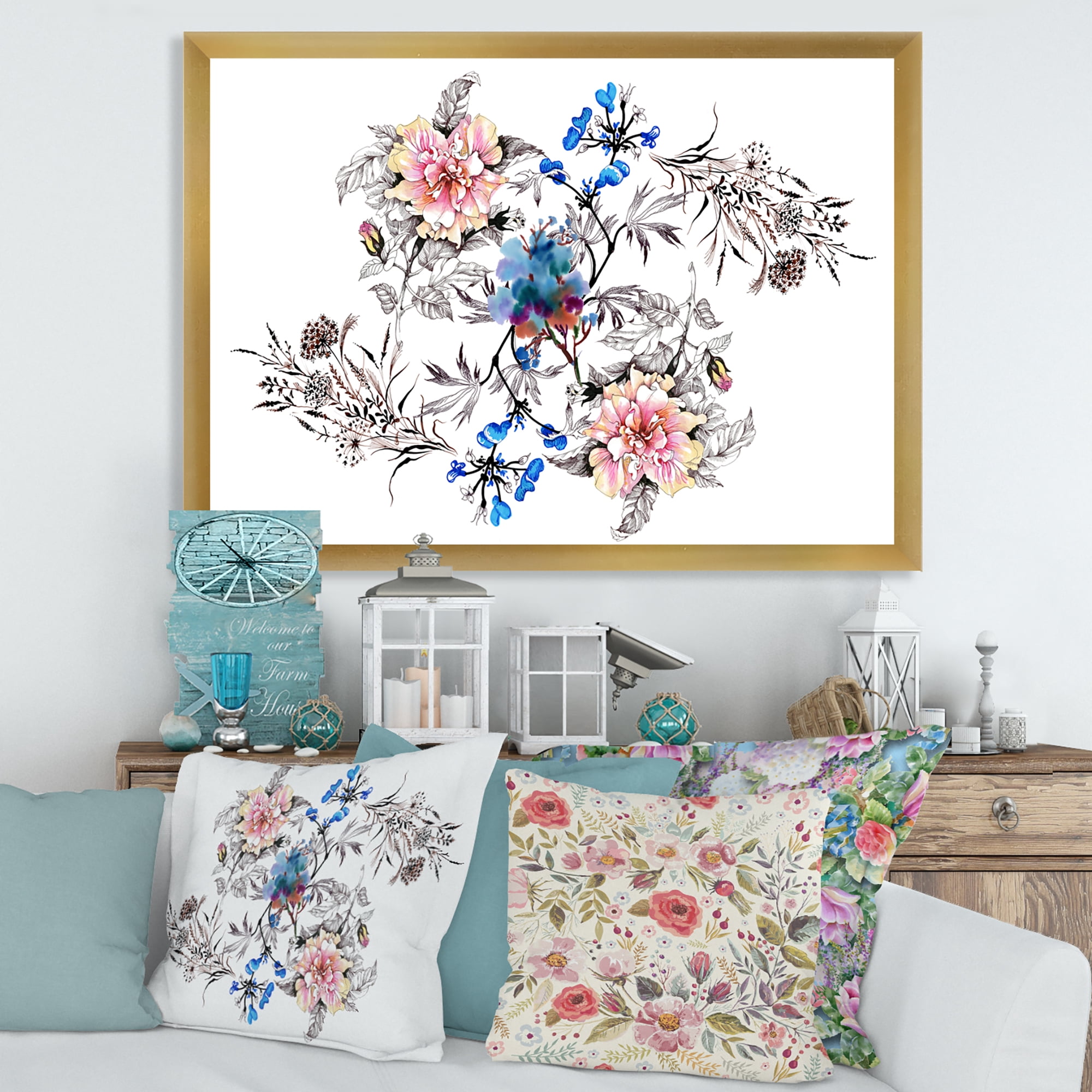 Designart 'Pink and Blue Wildflowers' Traditional Framed Art Print