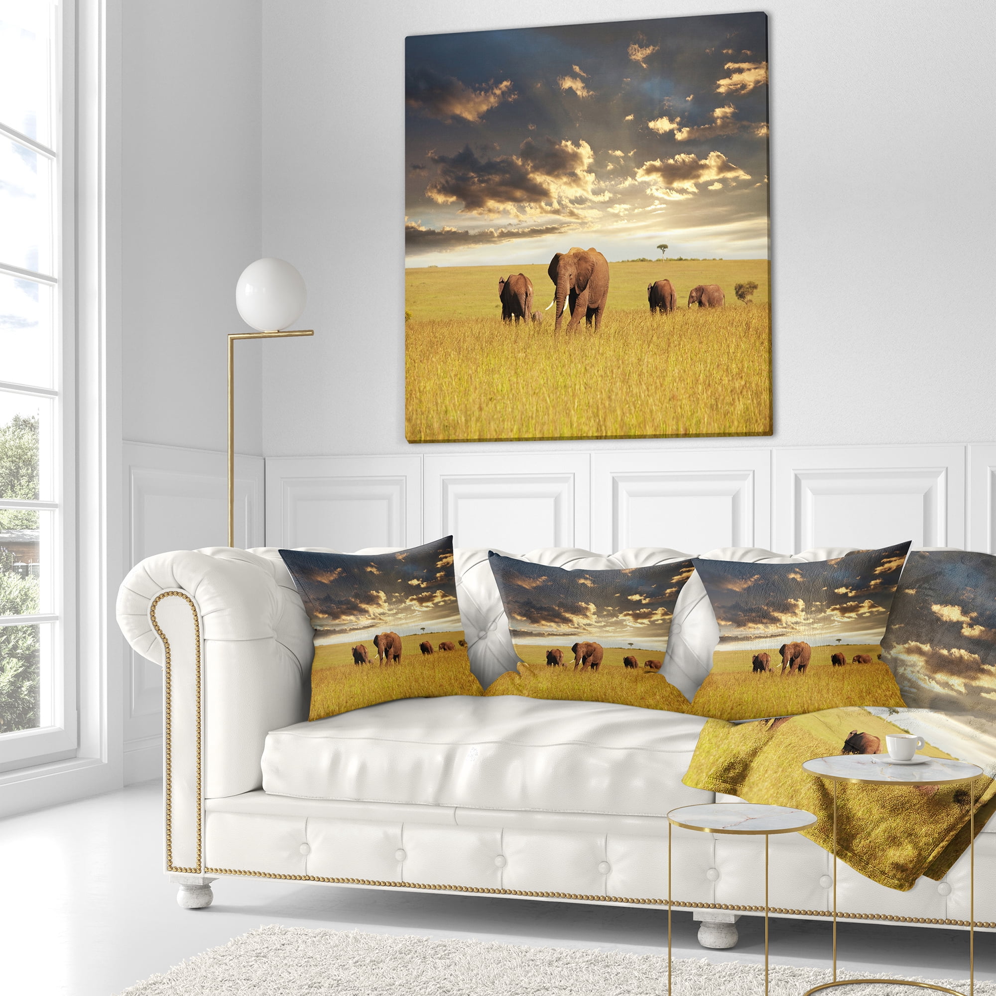 Designart Group of Elephants in Africa - African Throw Pillow - 18x18