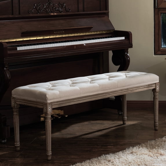47" Upholstered Bench for Bedroom & More with Carved Patterns & Rustic Wood Legs