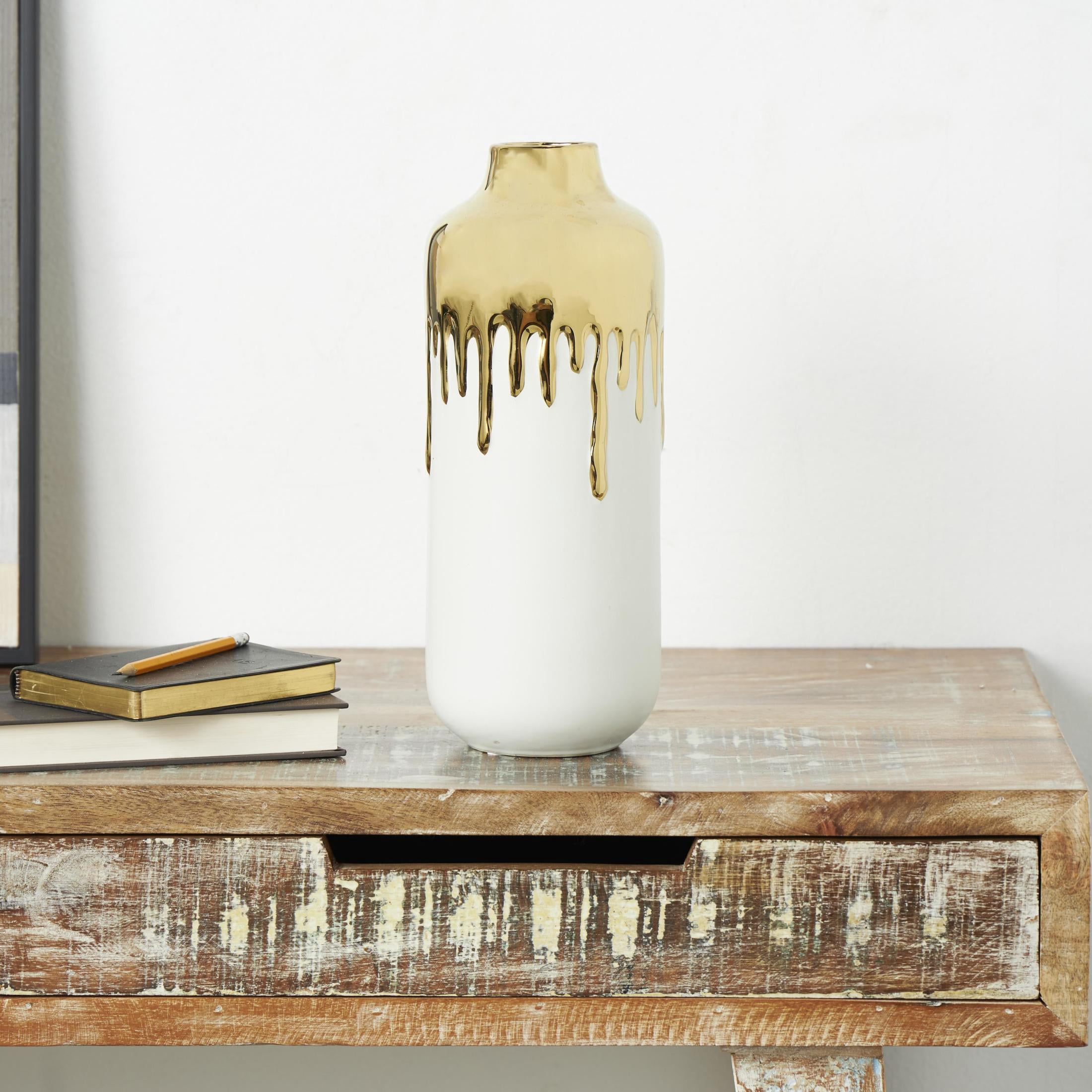 CosmoLiving by Cosmopolitan 14" Abstract White Ceramic Vase with Abstract Gold Melting Drips
