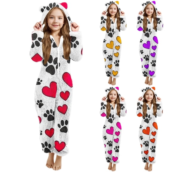 MKOSPLRT Girls Fleece Onesie Pajamas Valentine's Day Fuzzy Jumpsuits Kids Zip Up Hooded Love Heart Graphic Sleeper 5-15 Years