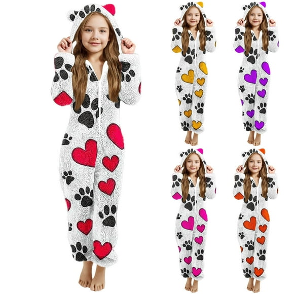 MKOSPLRT Grenouillère en Molleton pour Filles Pyjama Combinaison Duveteuse de la Saint-Valentin pour Enfants à Fermeture Éclair à Capuche Dormeuse Graphique Cœur d'Amour 5-15 Ans