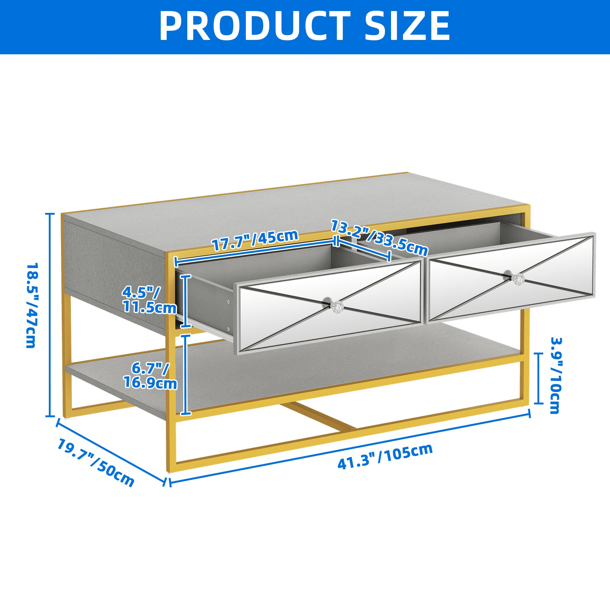 Uforic Modern Coffee Table with 2 Drawers and Open Shelf, Mirrored Rectangle Coffee Table, Mirrored Center Table for Living Room