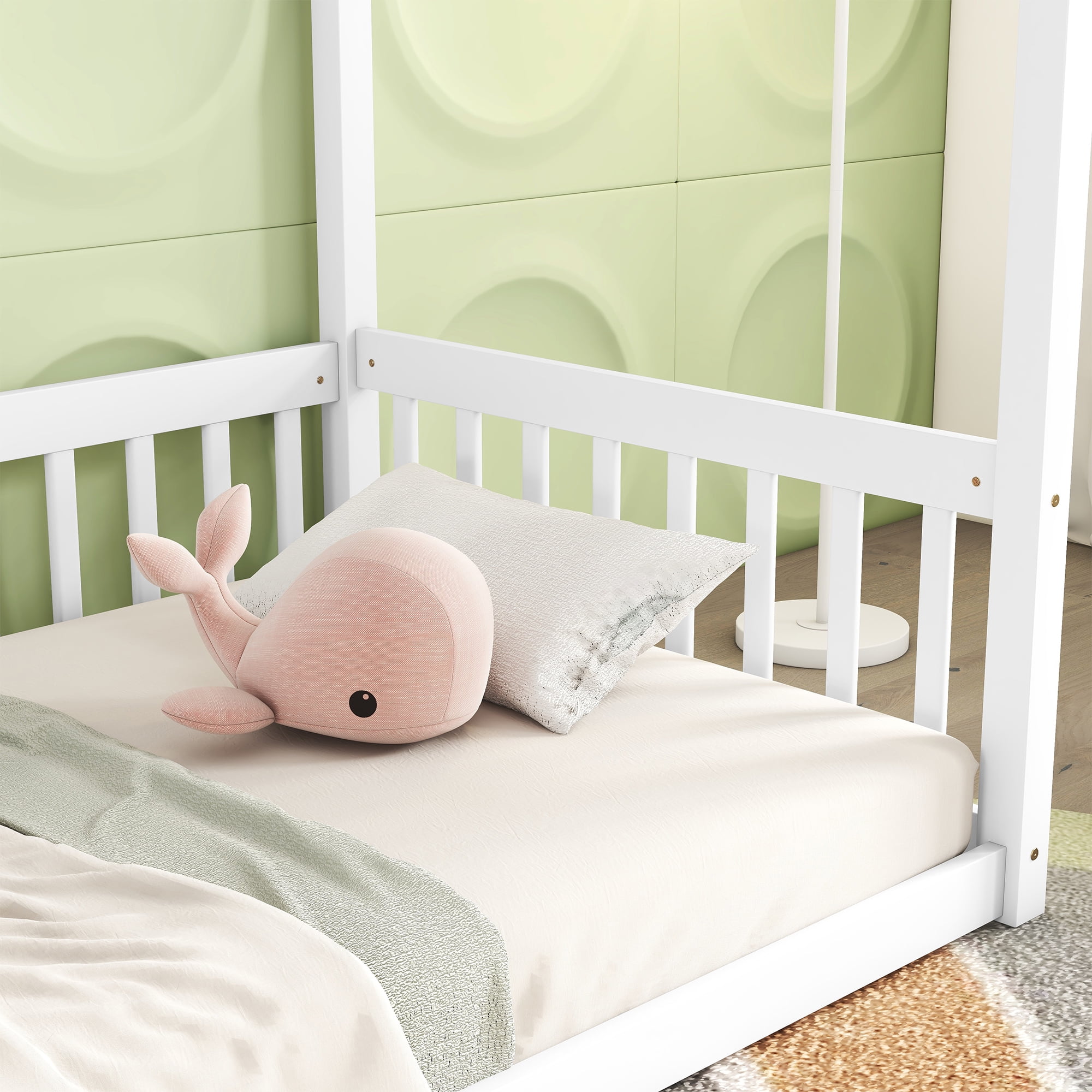 Miniyam Wood Twin Size Canopy Floor Bed with Guardrails for Kids and Teens, White