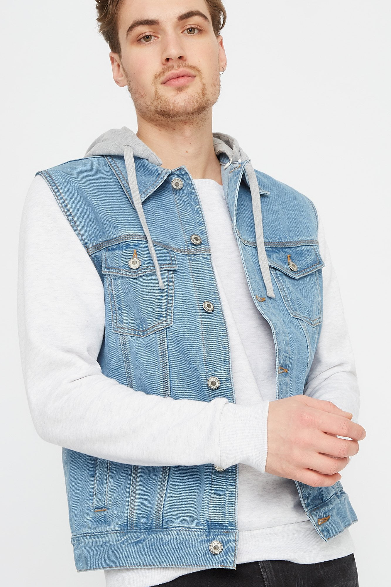Urban Planet Men's Detachable Fleece Hood Denim Vest | Walmart Canada