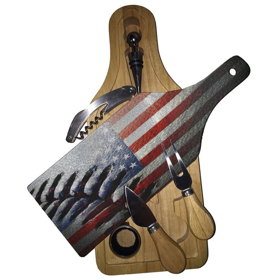 KuzmarK Wine & Cheese Glass Cutting Board Wood Box Gift Set - American Flag Baseball Stitch