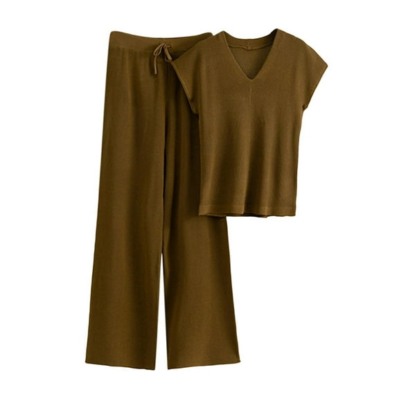 HAPIMO Two Piece Sets for Women Knit Set Solid Short Sleeve Sweater Casual V Neck Tops Drawstring Wide Leg Long Pant Loose Lounge Set Coffee