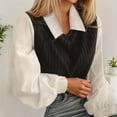 thumbnail image 4 of QHFBli Womens Collar Long Sleeve Shirt Ribbed Knit 2 in 1 Blouse Crop Top Sweater Shirt Top, 4 of 5