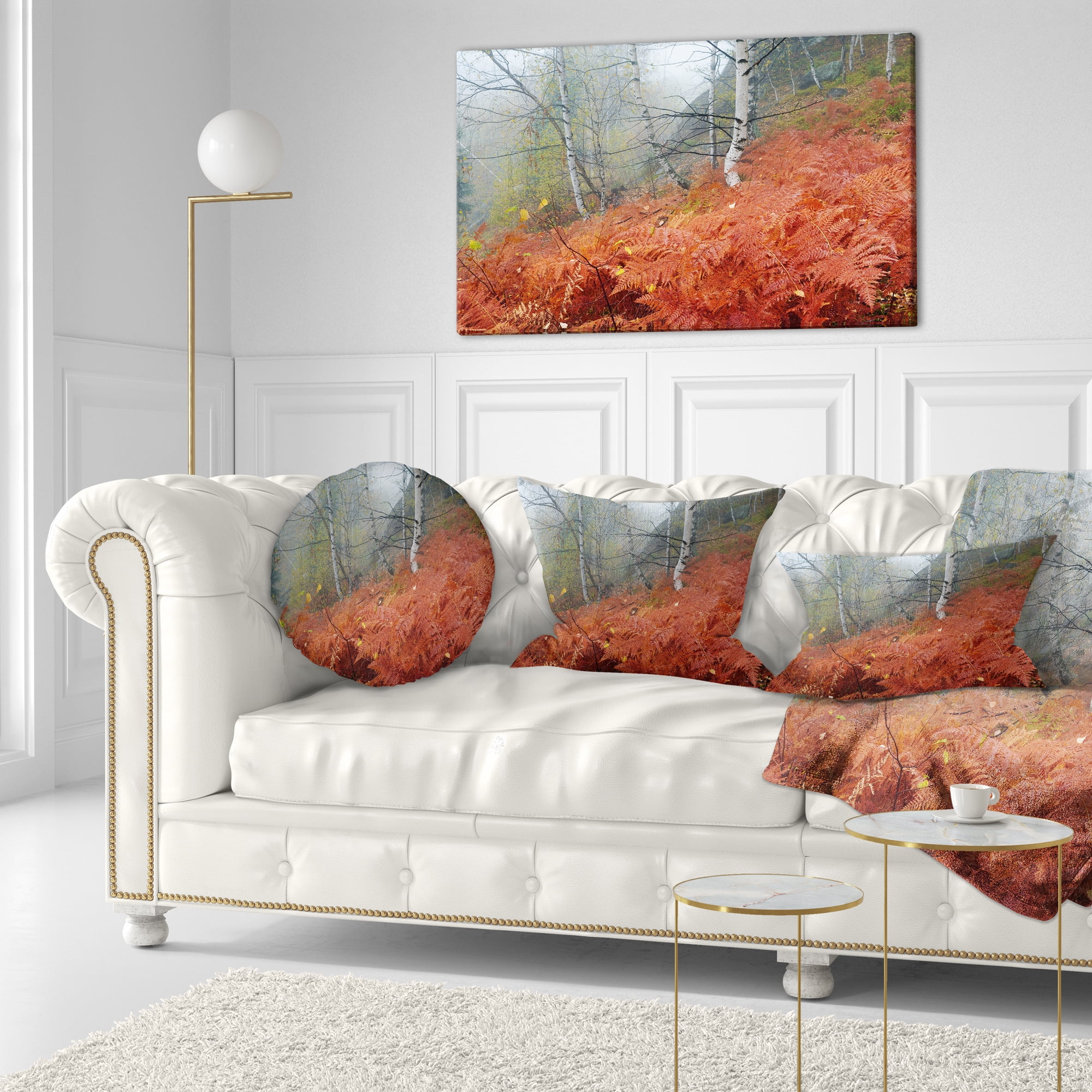 Designart Red Fern in Foggy Fall Fay - Landscape Photo Throw Pillow - 12x20