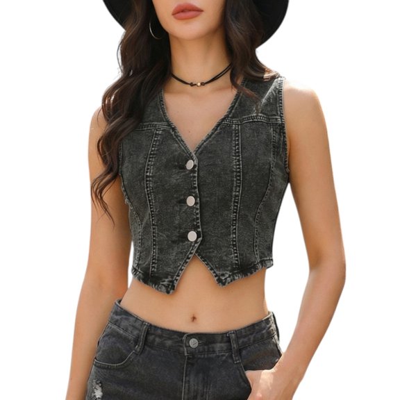 DARING DIVA Women's Sleeveless V Neck Button Down Cropped Jean Vest XS Black