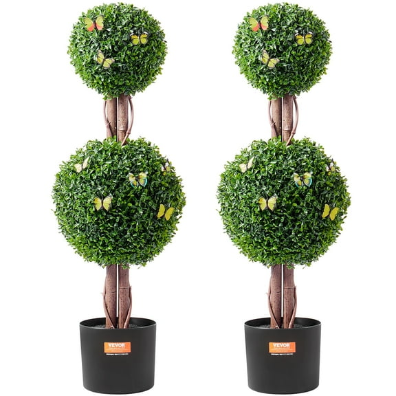 VEVOR Artificial Boxwood Topiary Tree, 36 inch Tall (2 Pieces), Double Ball Faux Topiary Trees, Faux Plant w/ Extra Leaves & Pot & Small Decoration, UV Rated Set for Home Decor Indoor/Outdoor