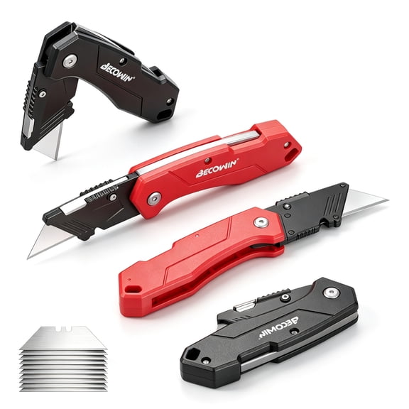 4-Pack Folding Utility Knife Set, Lightweight Plastic Box Cutter with 10 Extra SK5 Blades for Paper, Cardboard, Cartons, Boxes