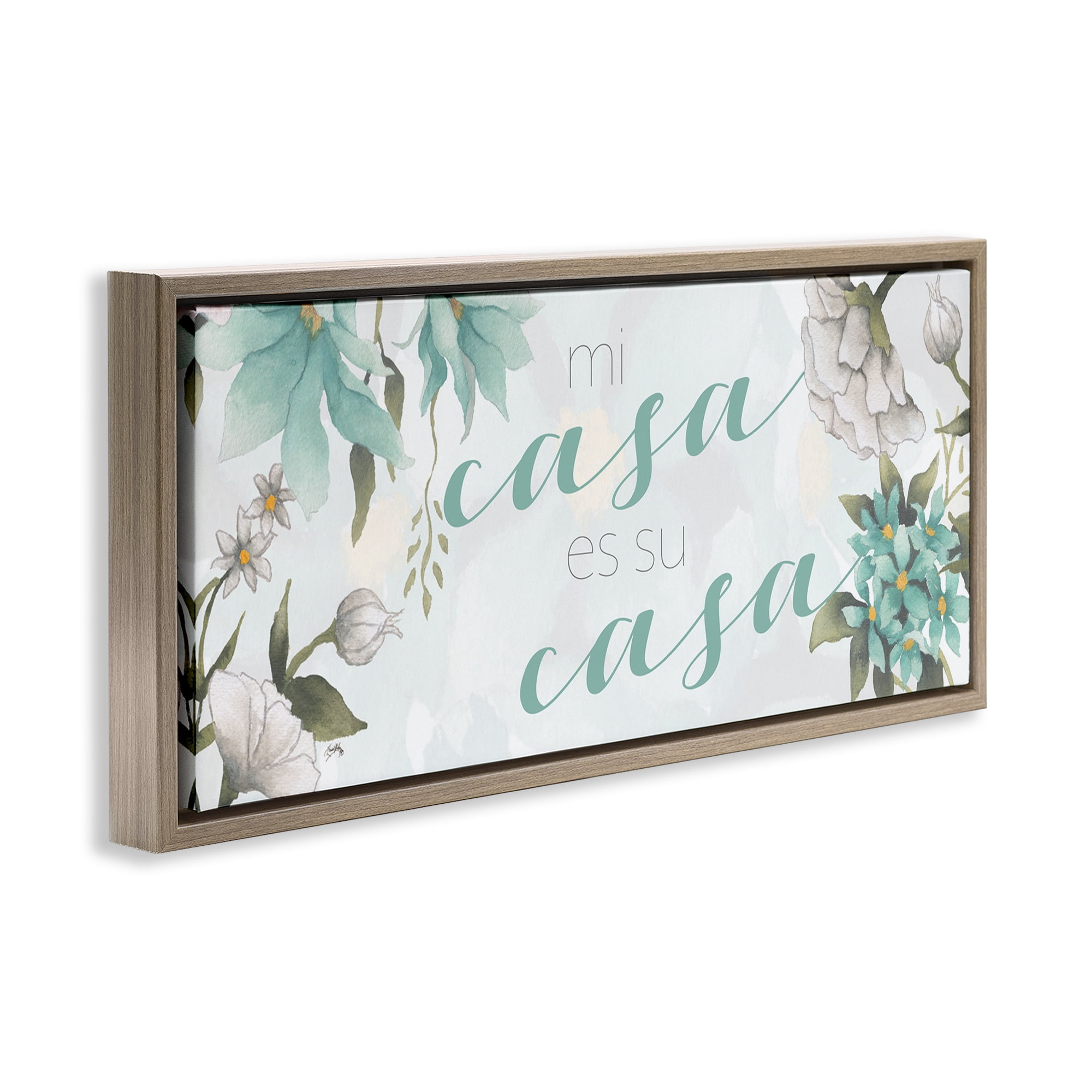Stupell Industries Mi Casa Su Casa Flores Inspirational Quotes & Sayings Painting Brown Floater Framed Art Print Wall Art, 25 x 11