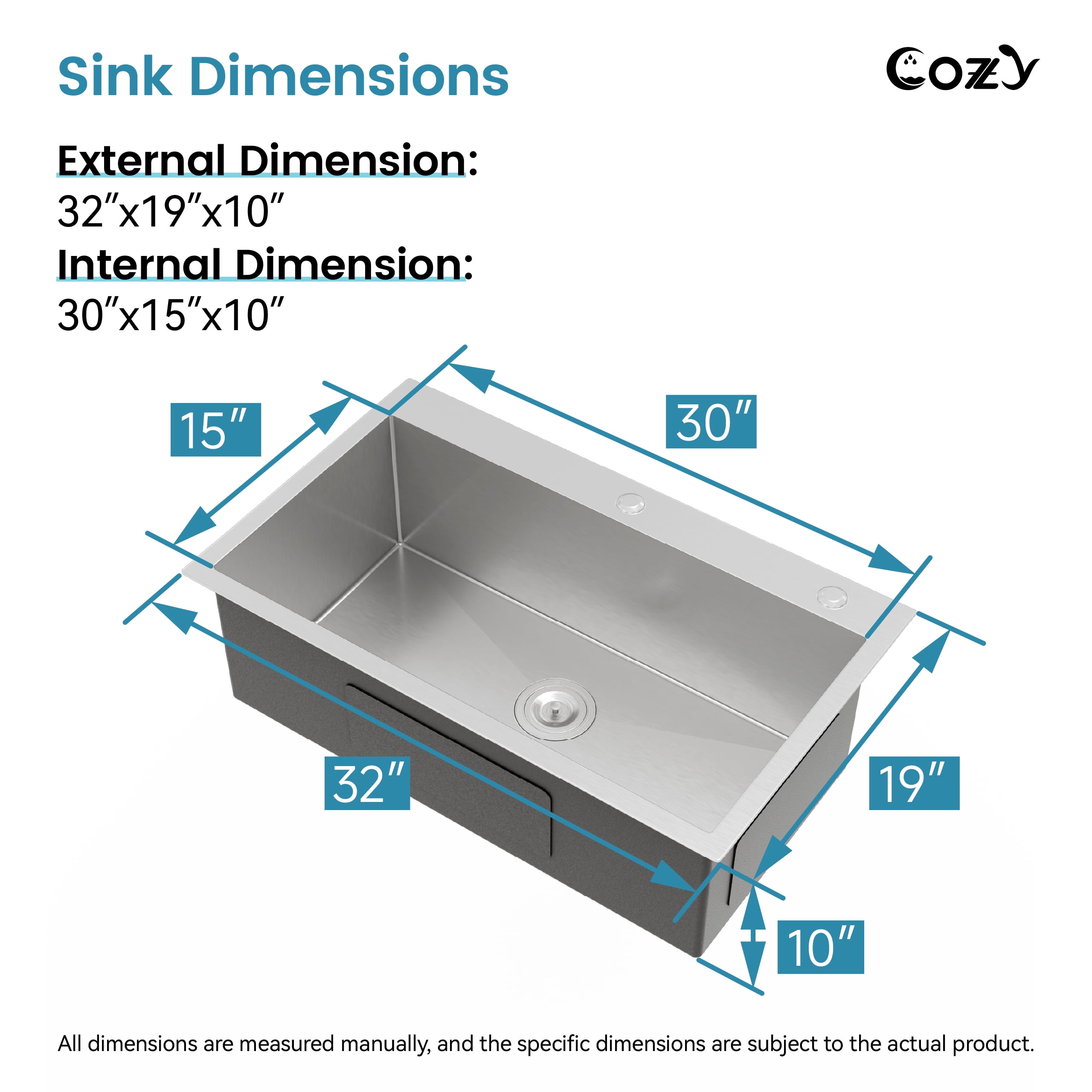 32″x19″ Stainless Steel Kitchen Sink, Single Bowl, Overmount Handmade Sink in Brushed Nickel, with US Standard Drain and Hook, SS-BR02D-321908