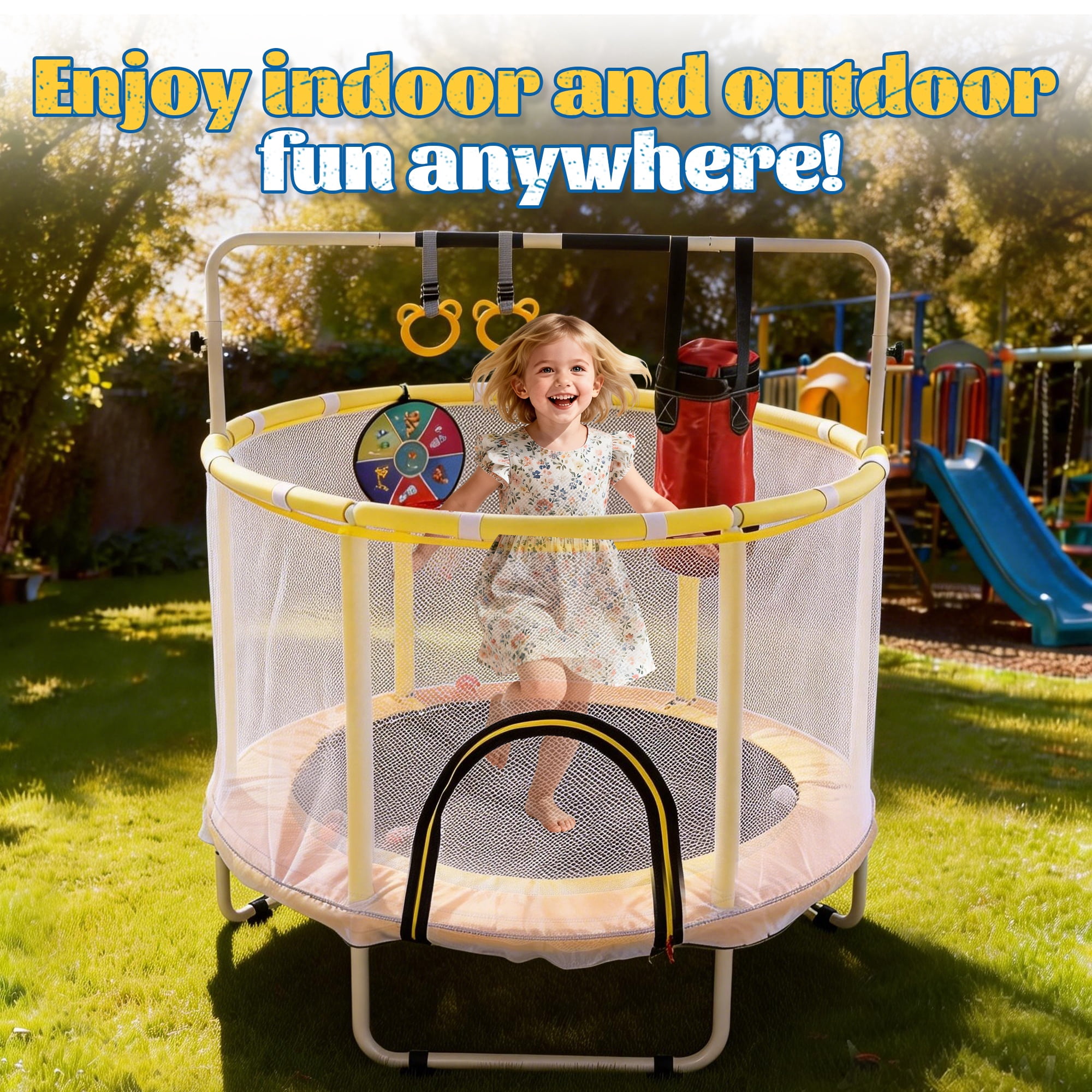 Toddler Trampoline with Basketball Hoop, Indoor Trampoline for Kids, Kids Trampoline with Enclosure Net, Backyard Trampoline with Handle, Small Trampoline for Indoor Outdoor, Mini Trampoline