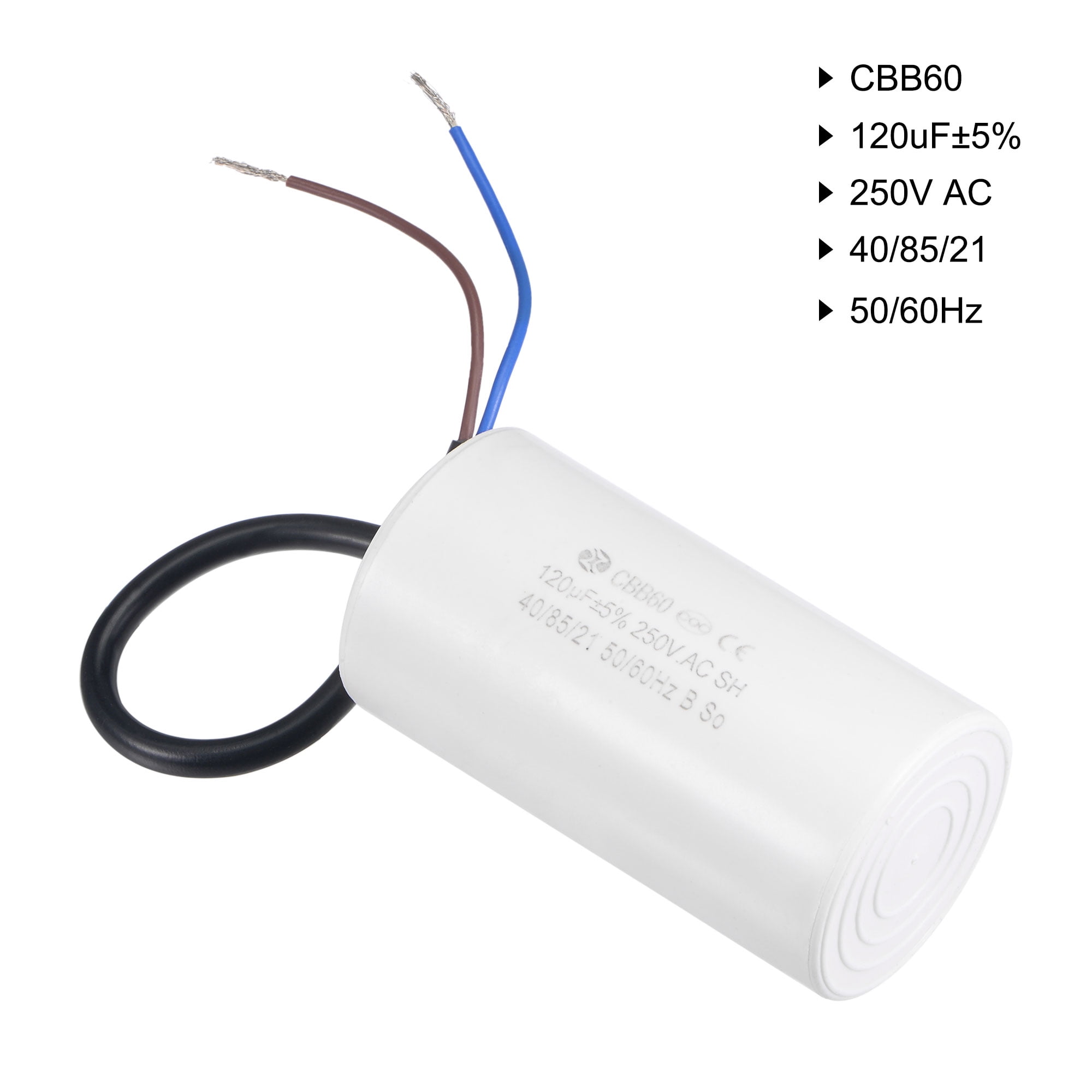 Uxcell 96x49mm 120uF 250V AC 50/60Hz 2 Wires CBB60 Run Capacitor White