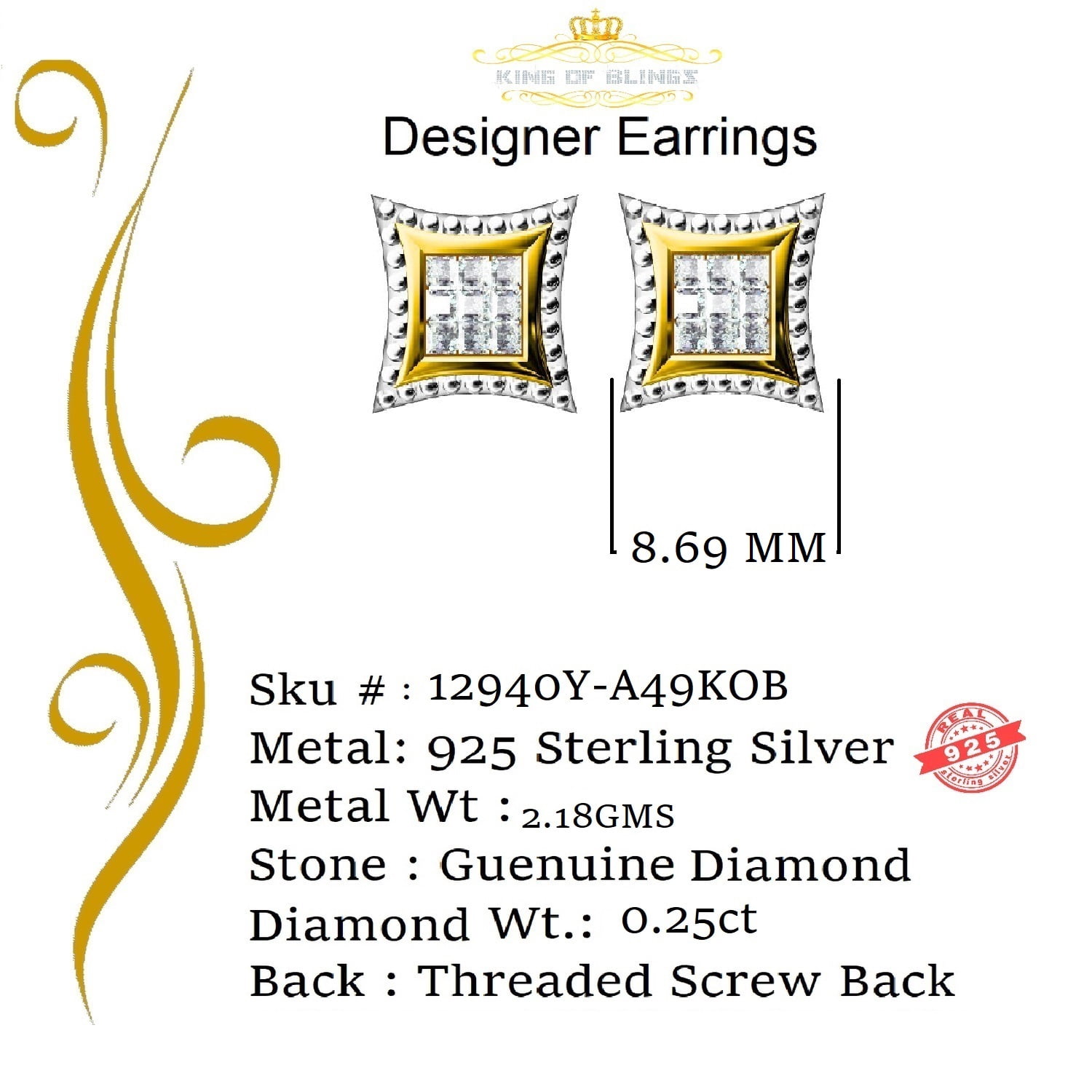 King of Bling's Aretes Para Hombre 925 Yellow Silver 0.25ct Diamond Men's Stud Kite Earrings