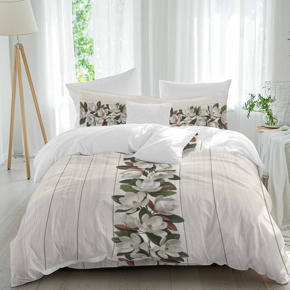 Retro Magnolia Twin Size Comforter Set, Flower Leaf Classic Beige Wood Grain Texture Bedding for All Seasons, 4 Pcs Bed Set, 1 Quiltcover (68"x86") ,1Sheet(67"x116"), 2Pillowcases (30"x20")