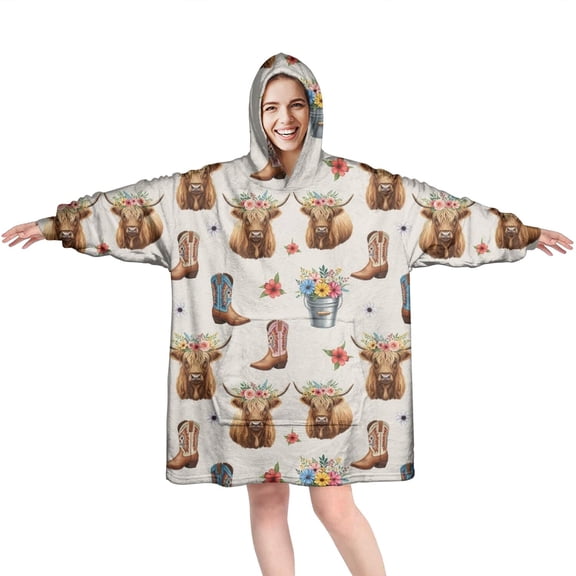 Beige Highland Cow Boot Flower Pattern Wearable Oversized Blanket,Wearable Blanket Hoodie for Adults,Cozy Hooded Blankets with Super Pockets,Super Warm Fuzzy Pullover for Women & Men