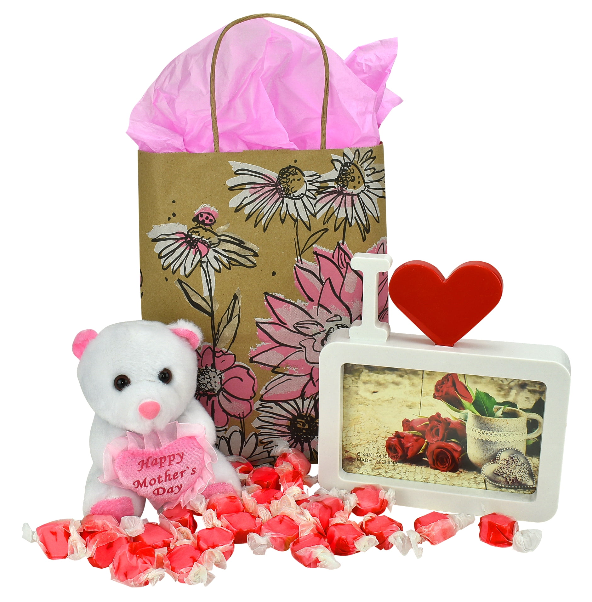 Mothers Day Floral Kraft Gift Bag With Small Plush Bear Picture Frame