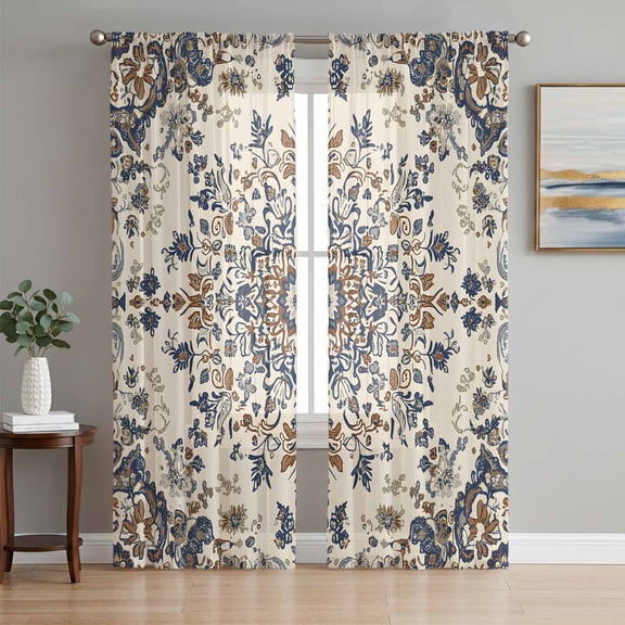 Sheer Curtains 108 Inches Long 2 Panels Set for Living Room, Brown Blue Boho Semi Sheer Curtains for Windows, Southwestern Geometric Ethnic Voile Window Treatments Rod Pocket Curtain