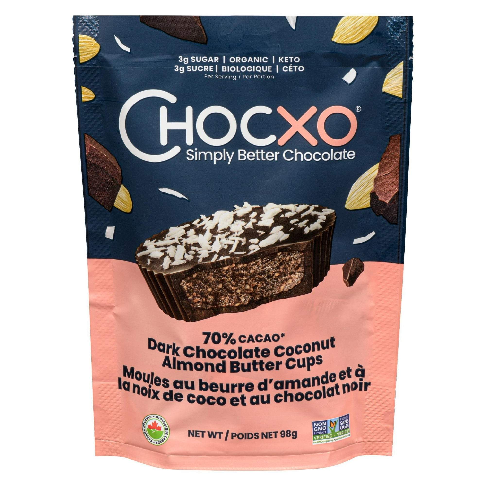 Chocxo Organic Dark Chocolate Coconut Almond Butter Cups, 70% Cocao