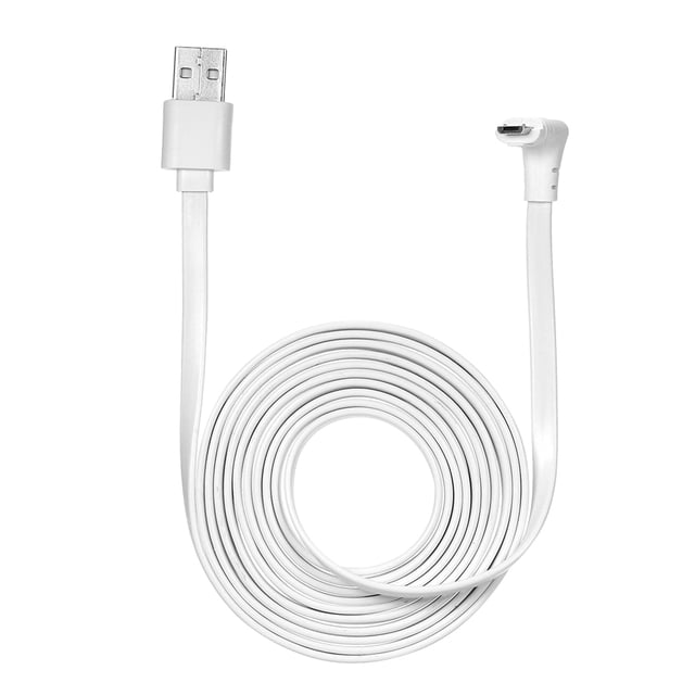2M/6.6ft white charging power cable compatible with Arlo Pro, Arlo Pro 2, Arlo GO, and Arlo Light. Features a flat, weatherproof design with a micro USB connector and USB-A plug. Made of durable PVC material, it is flexible for indoor and outdoor use, fitting over doors or windows. The cable is coiled neatly, showcasing its length and flat shape.