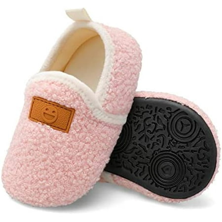 

L-RUN Toddler Boys Girls House Slippers with Microfleece Lining Fuzzy Baby Shoes Non-slip for Kids Pink