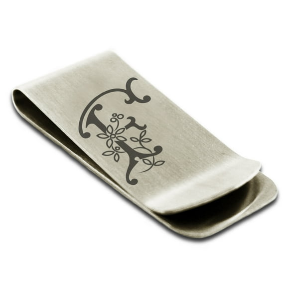 Stainless Steel Letter F Initial Floral Monogram Engraved Engraved Money Clip Credit Card Holder