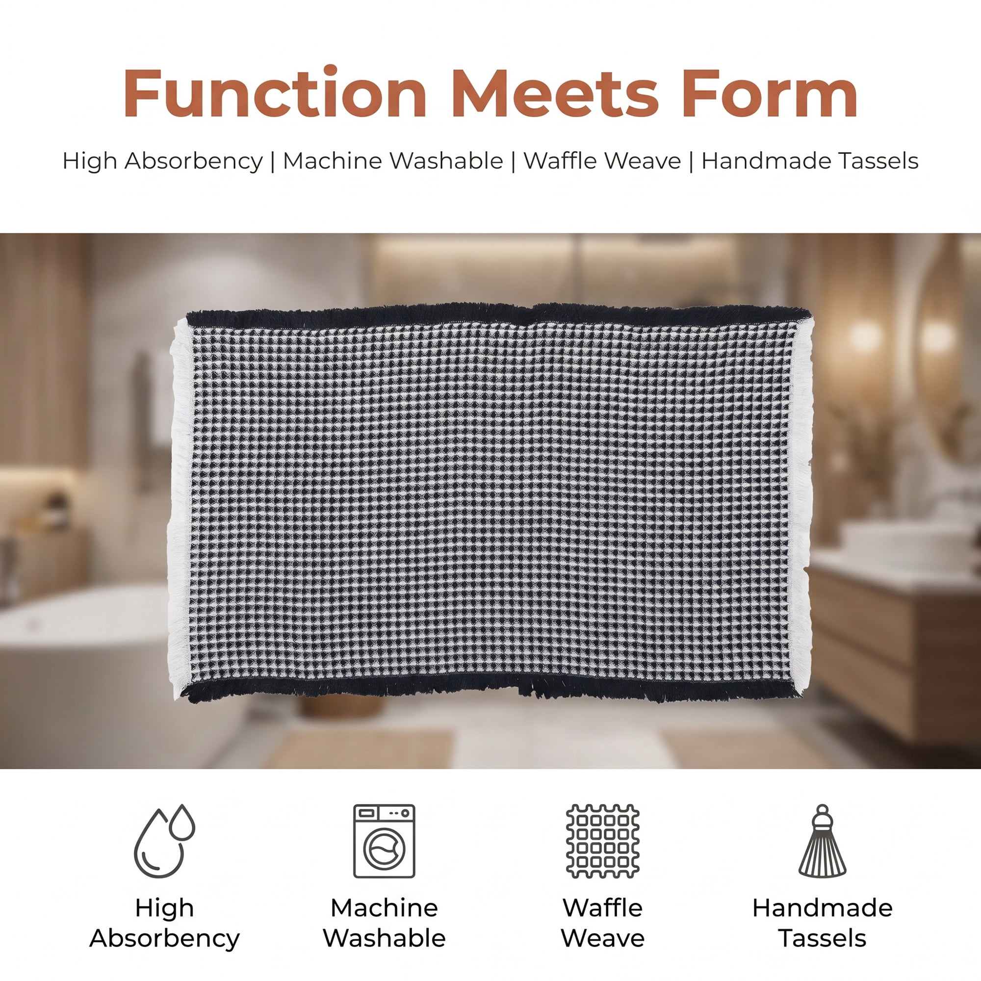 Unique Bargains Waffle Non Slip Quick Dry Machine Washable Bath Mat Black 24" x 17"