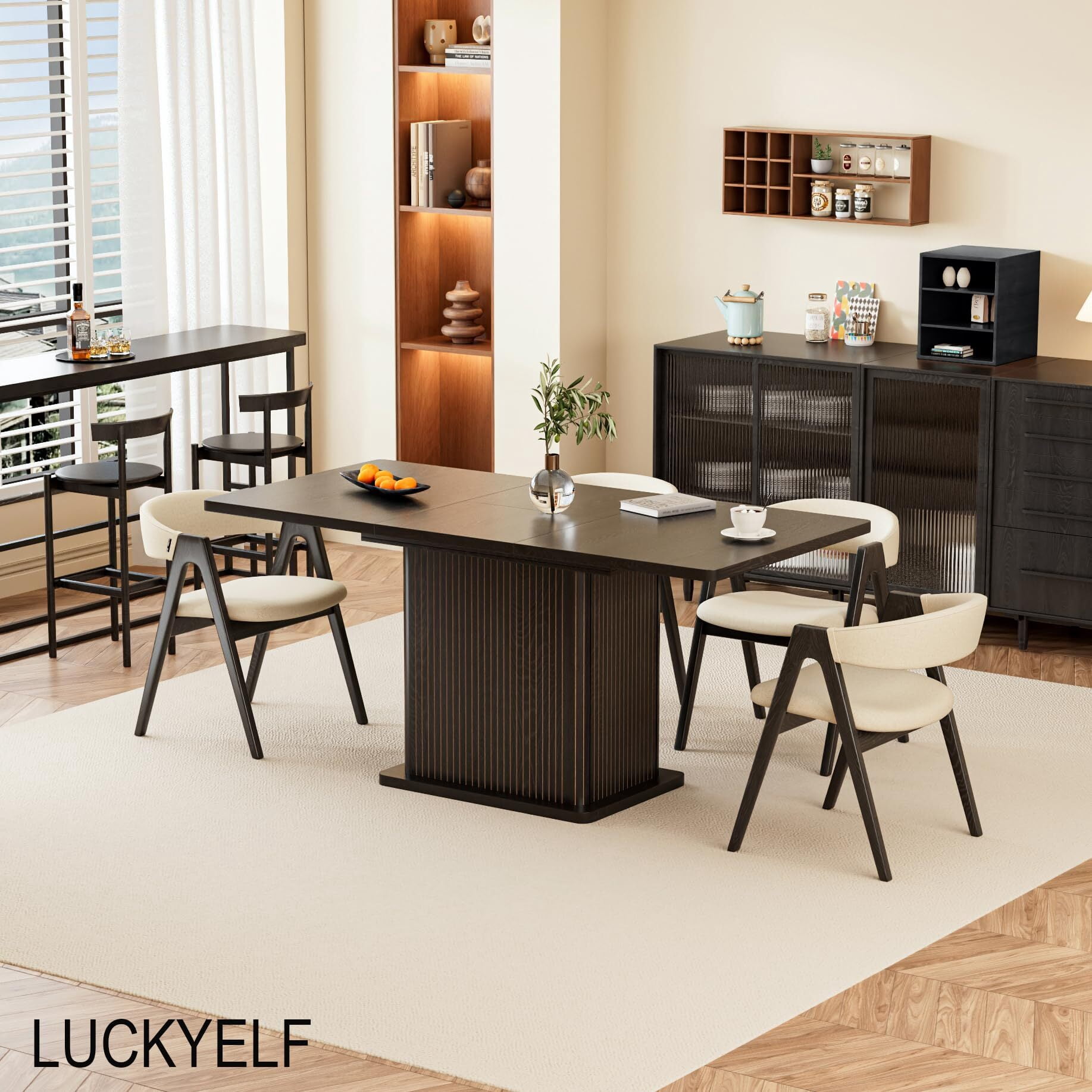 Extendable Black Dining Table 47-65", Seats 4-6, Fluted Wood Kitchen Table with Storage, Mid Century Modern, Black