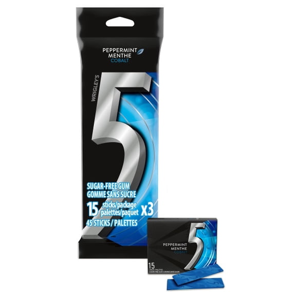 5 GUM, Peppermint-Cobalt Flavoured Sugar Free Chewing Gum, 15 Sticks, 3 Packs