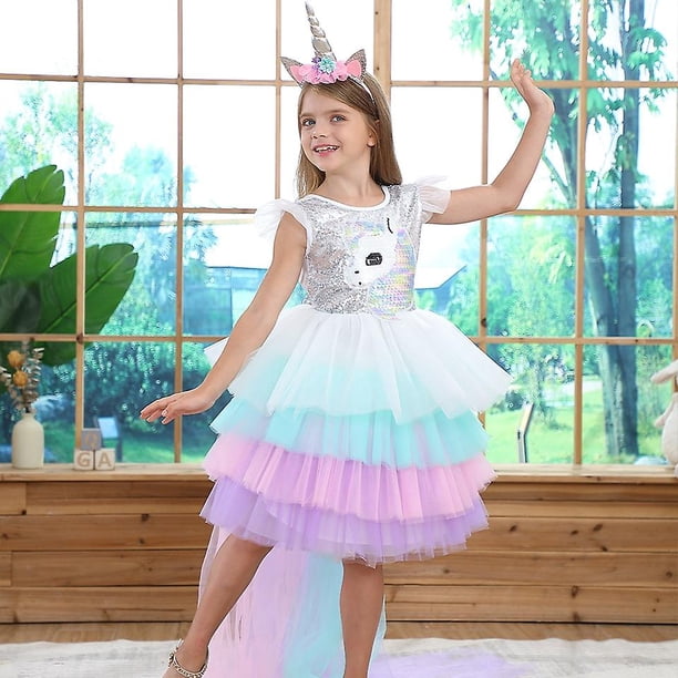 Summer Rainbow Sequin Backless Tail Unicorn Dress Girl Christmas Halloween Unicorn Birthday Party Multi-layer Ruffles Tutu Dress zhangyuxiang LED