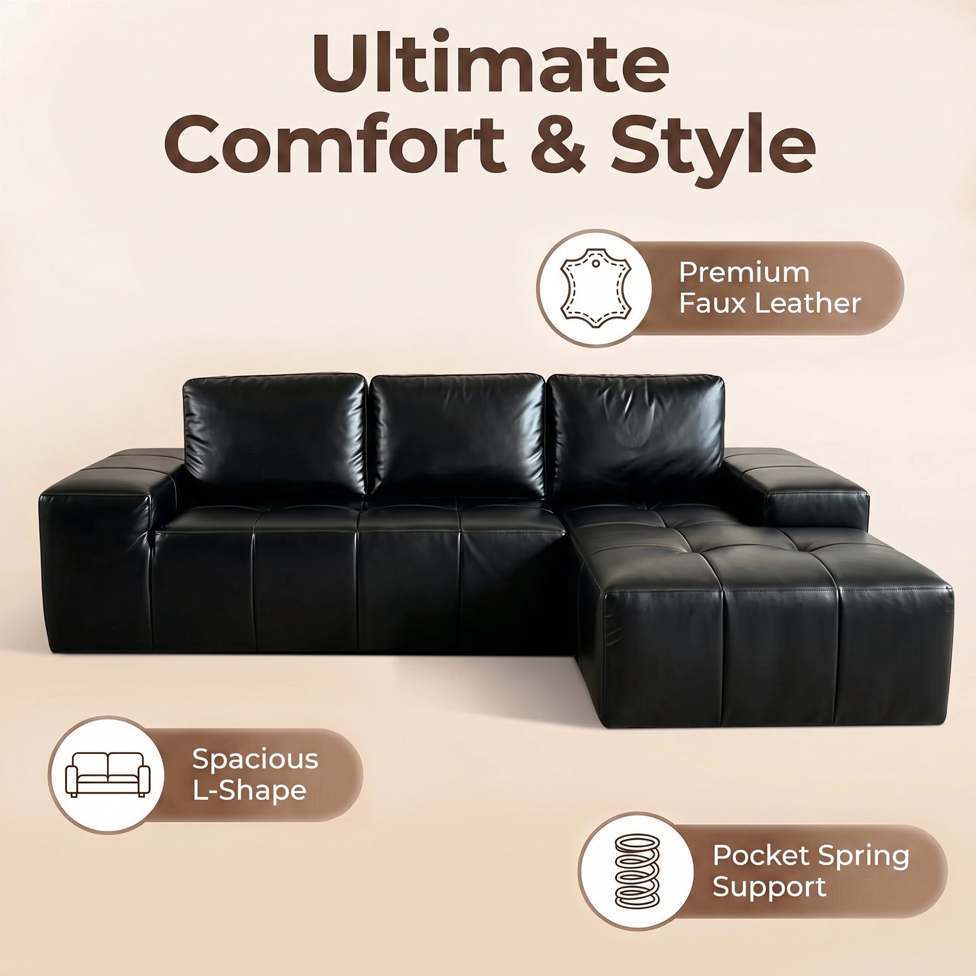 Aukfa 115" Leather Cloud Sectional Sofa Oversized Boneless Couch Modular L-Shaped Sofa for Living Room, Right Chaise, Black