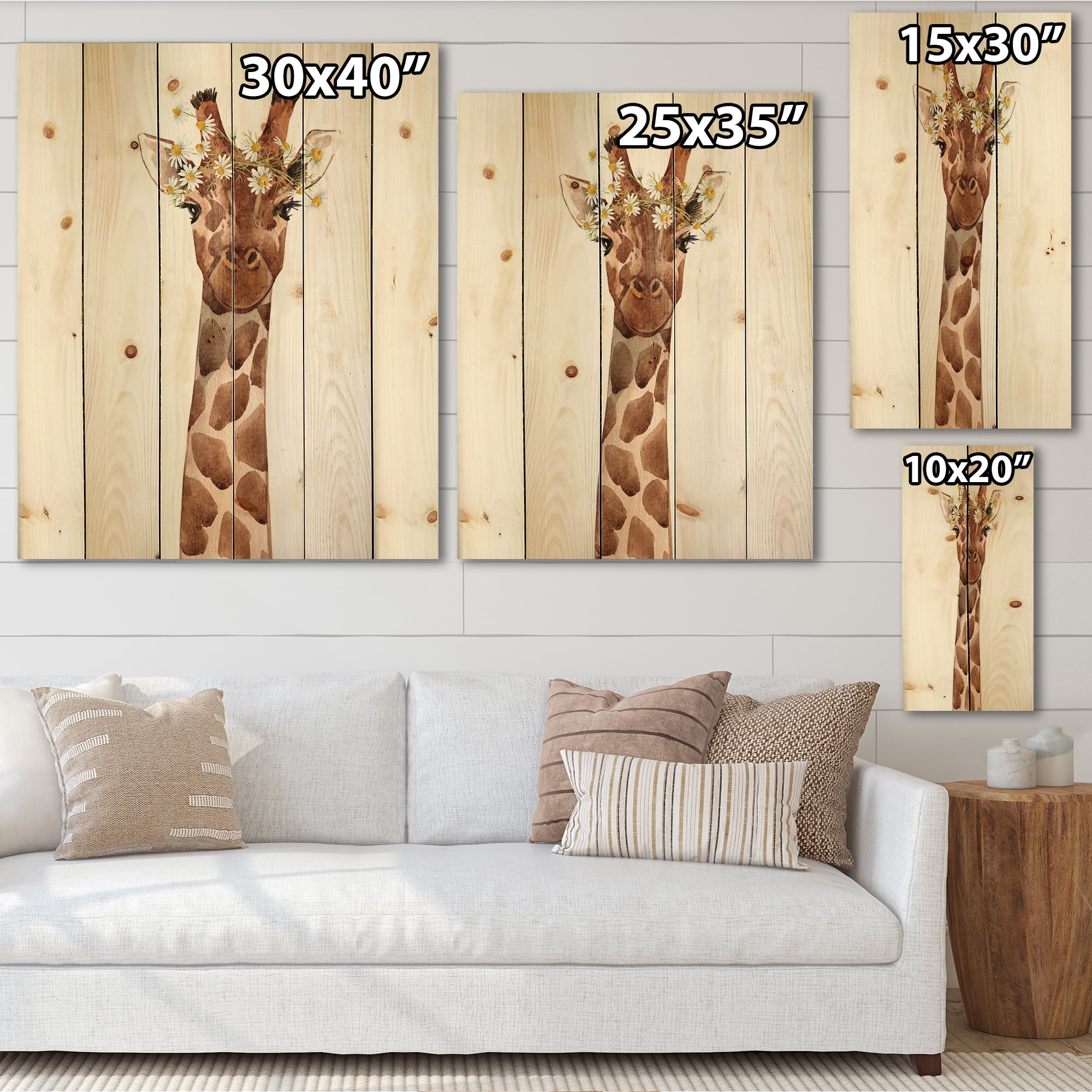 Designart 'Portrait of A Giraffe With White Flowers' Farmhouse Print on Natural Pine Wood