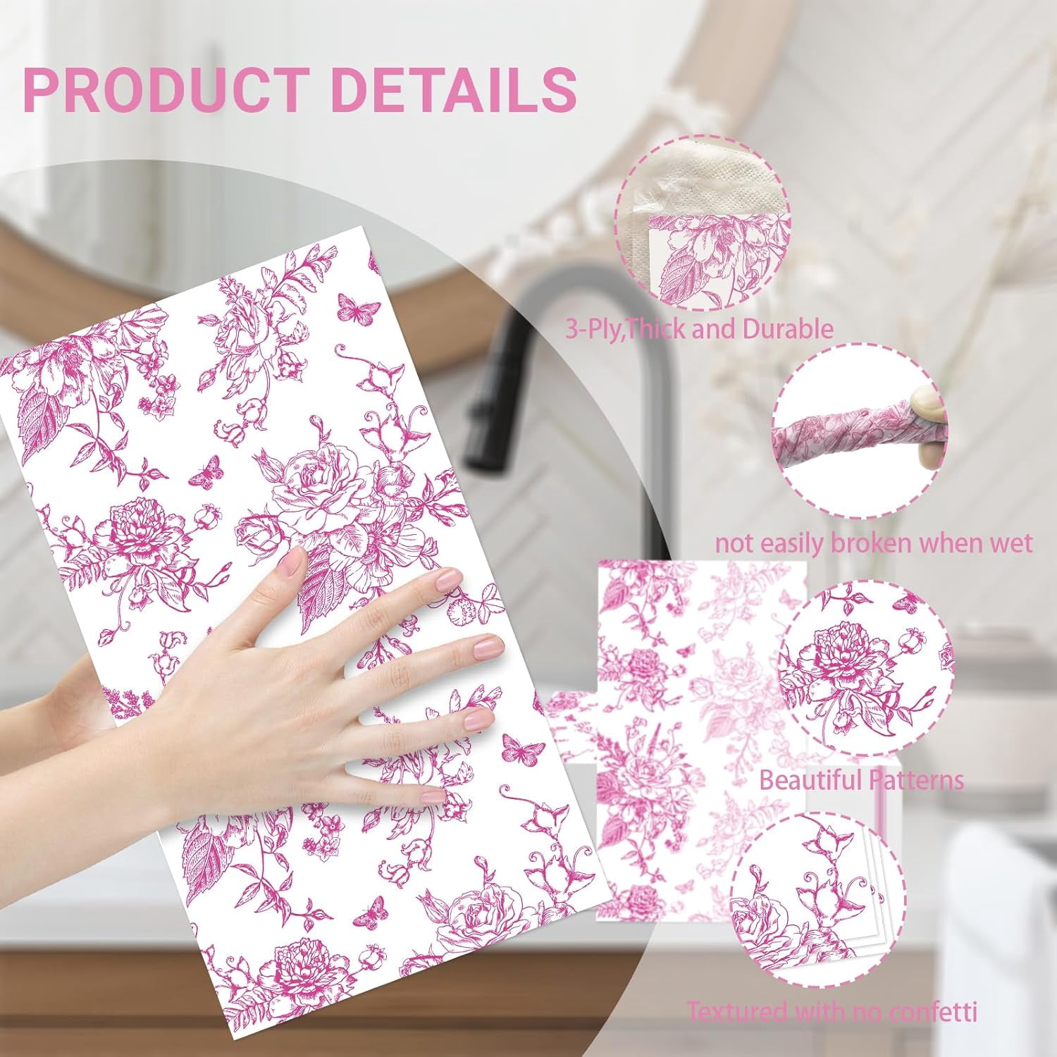 100 PCS Pink Napkins Disposable, Pink Wildflower Paper Napkins 3 Ply Paper Towels Home Party Guest Bathroom Chinoiserie Napkin Bridal Shower Wedding, Decorative Napkins