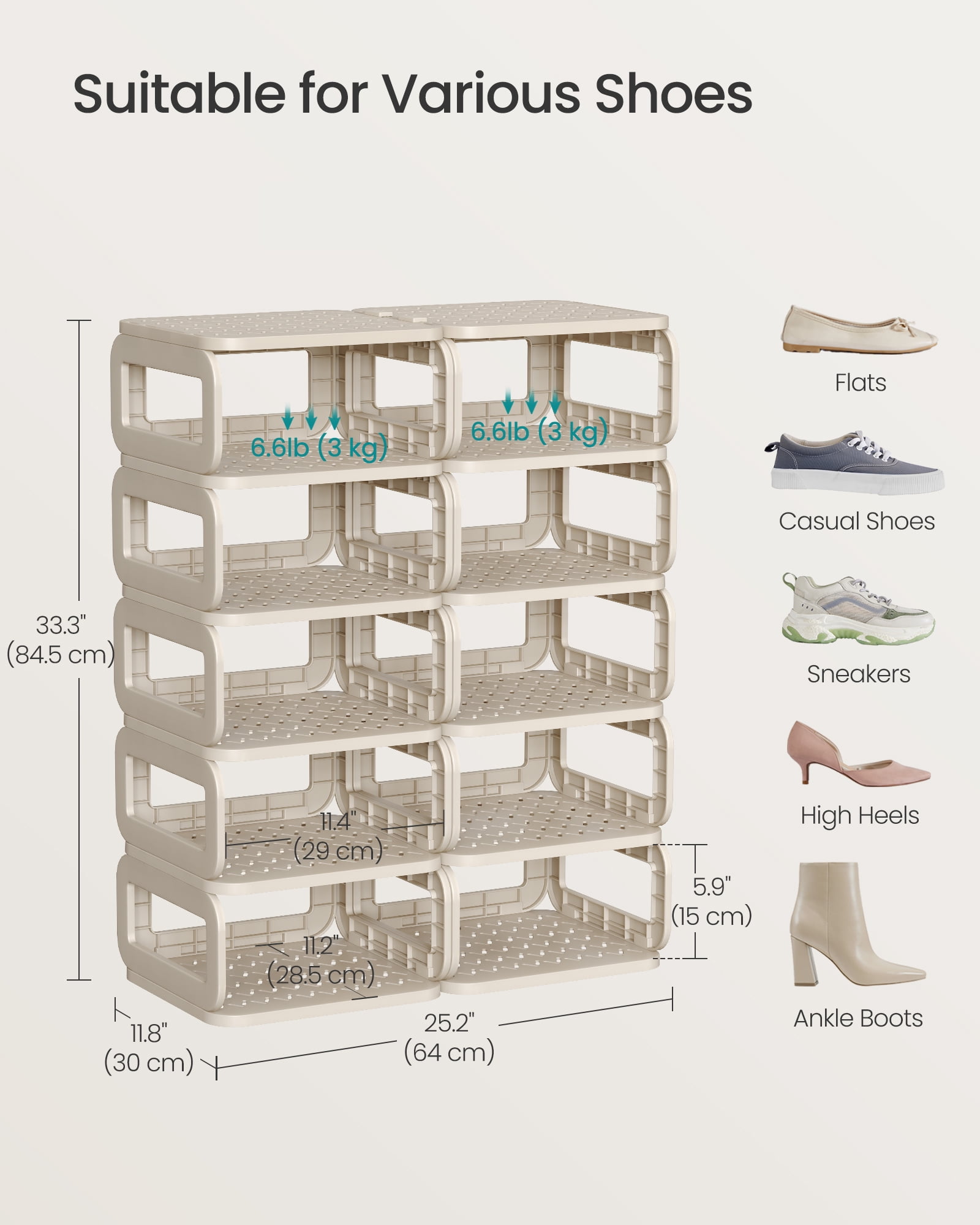 Shoe Rack, Shoe Organizer, 12 Shelves, Shoe Storage, Narrow Shoe Shelf, Open Shelf for Entryway, Living Room, Space-Saving, Cappuccino Beige