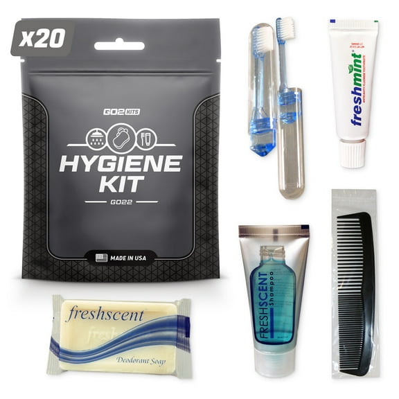 Go2Kits 20-PACK Hygiene Toiletry Travel PPE Kits for Travel, Business & Charity with Reusable Toothbrush, Bath Soap & Other Essential Toiletries